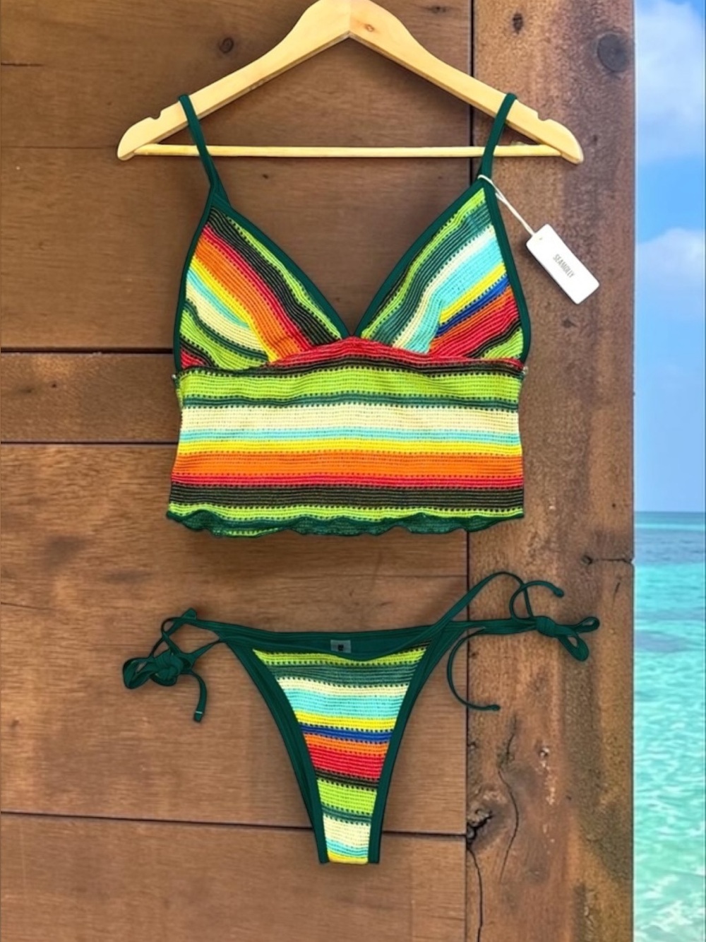 Seamoly NWT Vintage Colorblock Striped Crochet Tankini Set Size Large
